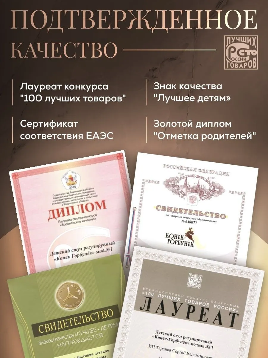Растущий стул «Комфорт PRO» бренда «Конёк Горбунёк»: дипломы, сертификаты соответствия ЕАЭС и награды за качество.