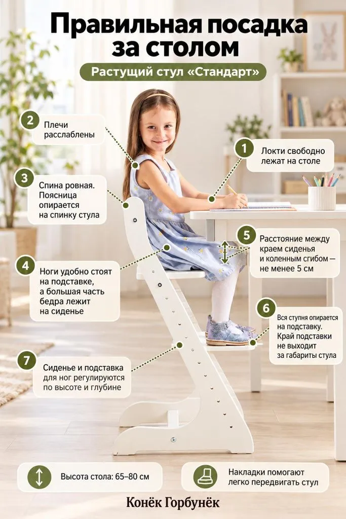 Растущий стул «Стандарт» бренда «Конёк Горбунёк»: схема правильной посадки ребёнка за столом с опорой для спины и ног