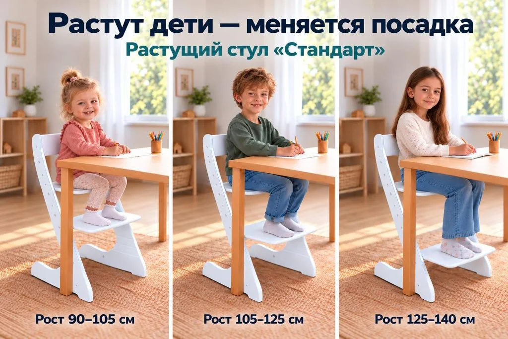 Растущий стул «Стандарт» бренда «Конёк Горбунёк»: посадка детей разного роста за столом.